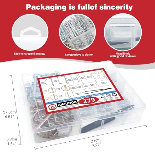 AMUNOK 279Pcs Heavy Duty Carbon Steel Pin Assortment, Hitch Lock & R-Clip - size: 18 Sizes