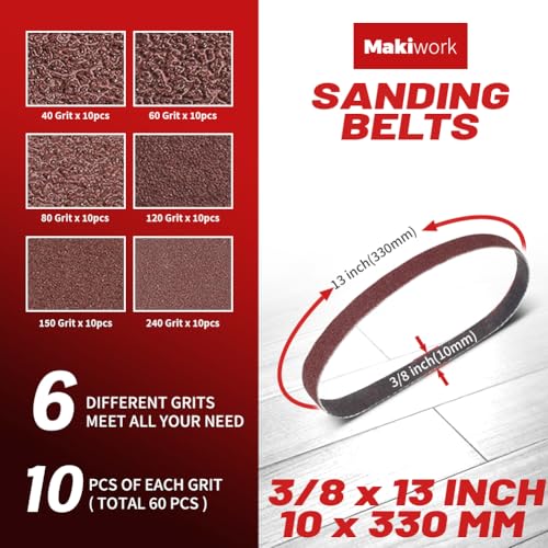 3/8 x 13 Inch 10 x 330 mm Sanding Belts Set - 60-Pack with 40/60/80/120/150/240 Grits, Aluminum Oxide Abrasive Belts for Woodworking - size: 3/8 x 13(60pcs)