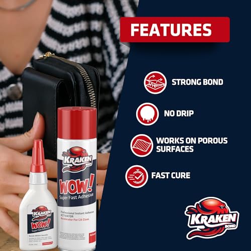 Kraken Bond Wow! CA Glue Set (2x1.75 oz) + Activator Spray (2x6.75 oz) –Super Fast Cyanoacrylate Adhesive Kit for Wood, Plastic, Ceramic, Craft -DIY Repair – 2X Ext. Bottles & 10X Nozzles Inc. 2 Pack - size: Medium Pack