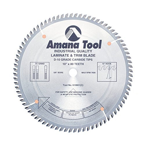 Amana Tool 610801 Fine Crosscut and Cut Off 10-Inch x 80 Tooth TCG 5/8-Inch Bore Saw Blade - size: 610801 - 10" Dia x 80T Tcg, 10 Deg