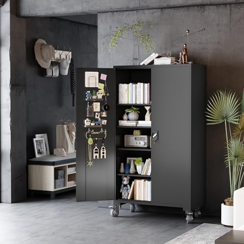 Large Metal Cabinet Two Lockable Doors Four Wheels,Four Adjustable dividers can be Used as Tool File Storage Suitable for garages Schools Gyms Offices