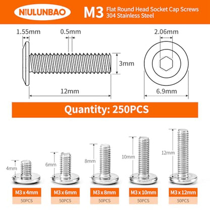 M3 x 4mm 6mm 8mm 10mm 12mm Flat Round Head Hex Socket Cap Screws Bolts, Furniture Screws, 304 Stainless Steel, Metric Fully Threaded, Allen Hex Drive, Bright Finish, Assortment Kit 250PCS - size: M3 x 4/6/8/10/12mm (250PCS)