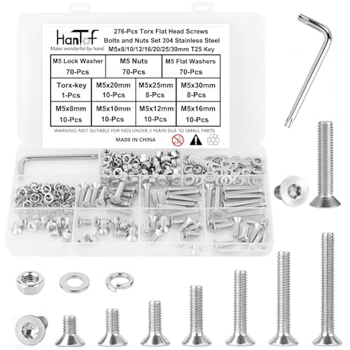 276Pcs M5 Torx Bolts and Nuts Set, Countersunk Head Torx Screws Bolts, Flat Head Machine Screws, Security Anti-Theft Screw, 304 Stainless Steel, Full Thread Pitch : 0.8 mm, with T25 Wrench. - color: Stainless Steel, size: M5 Torx Flat Kit