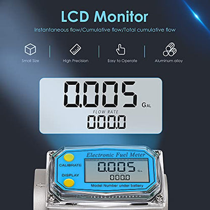 CGOLDENWALL 1 inch 3/4 inch Turbine Flow Meter 2.5~26GPM Fuel Meter Digital Liquid Flowmeter with with 2 NPT Adapters Flow Meter for Water, Diesel, Kerosene, Gasoline with Gallon Unit - color: 1 inch 3/4 inch