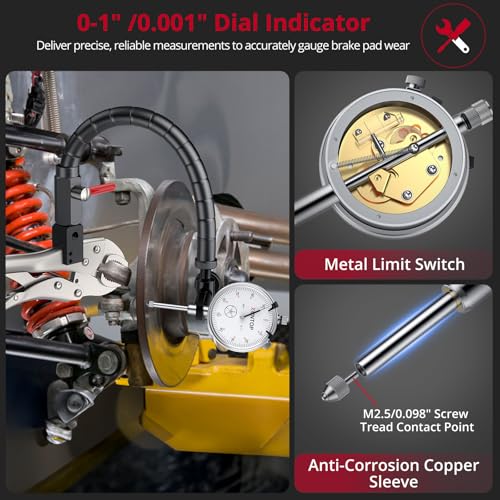 XUNTOP 0-1/0.001" Runout Gauge Set Dial Disc and Rotor/Ball Joint Gauge Dial Indicator with 13.77" Flexible Arm and 7" Locking Plier Disc Brake Rotor Gauge Set for Automotive Mechanical Industrial