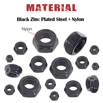 Hilitchi 165-Pcs Black Zinc Plated Nylon Insert Hex Lock Nuts Assortment Kit