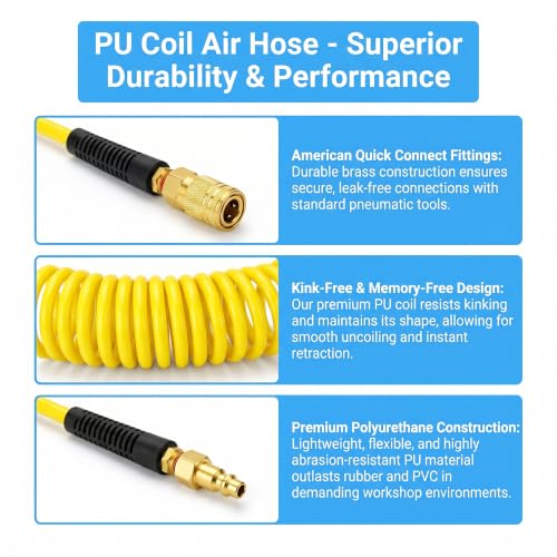 2PCS Polyurethane Recoil Air Hose, 1/4" ID by 25FT, Yellow - color: Yellow, size: 1/4" ID x 25FT