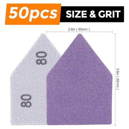 POLIWELL Triangle Sanding Sheets 50PCS 90x65mm Ceramic Alumina - size: 80 Grit