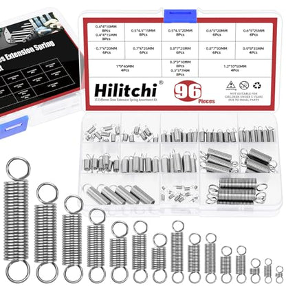 Hilitchi 96Pcs 15 Sizes Extension Spring Assortment Kit Extension Spring Stainless Steel Springs Assorted Size Small Springs Compression Tension Springs for Repairs Maintenance