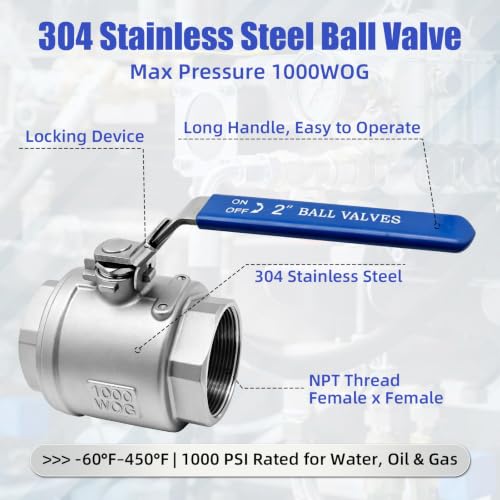 2 Pack 2" Stainless Steel Ball Valve, Full Port Female NPT Shut Off Valve with Locking Handle, 1000 WOG for Commercial Pipelines, Water Treatment & Industrial Applications - size: 2inch