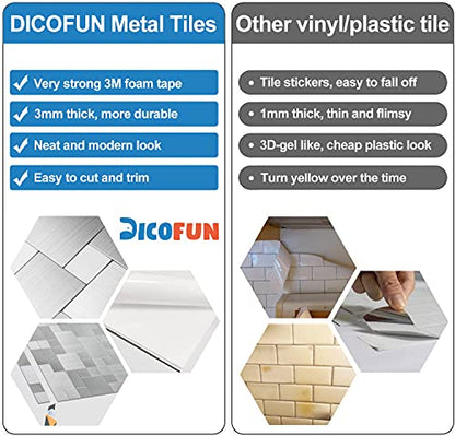 DICOFUN 10-Sheet Peel and Stick on Tile Backsplash Stainless Steel Metal for Kitchen Stove - color: Brushed Aluminum, size: 10 Sheets, 12"x12"x0.12"
