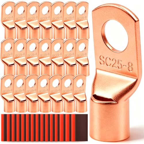 Twidec/30PCS AWG 4 Copper Wire Lugs Battery Cable Ends SC25-8,Ring Terminals Connectors,Copper Ring Terminals,Battery Terminals Connectors Kits with Heat Shrink - color: 30PCS