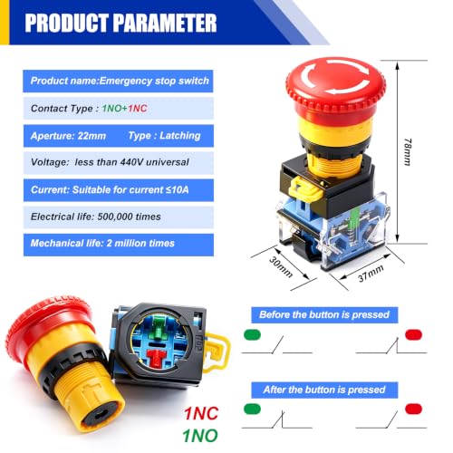 TWTADE 22mm 1 NO 1 NC Red Mushroom Emergency Stop Push Button Switch AC 440V 10A LA38A-11ZS - color: red, size: 1NO 1NC