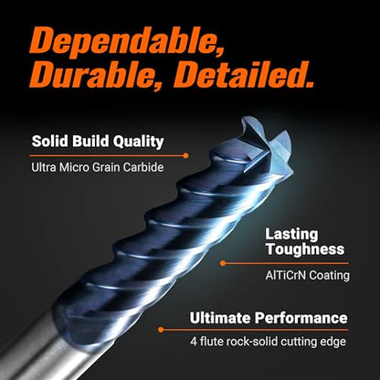 ACCUCUT I4KES 1/8” Carbide Square End Mill- 4 Flute Milling Bit Set for Steel, Forge Hardened Steel, Copper, Alloys & Materials < HRC 50 - AlTiCrN Coating CNC Router Bit, 45 Degree Helix (5 pcs) - size: 1/8 in