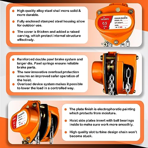 YATOINTO Chain Hoist 1/2 Ton (1100Lbs) Capacity 10FT, Manual Hand Lift Chain Block Hoist with 2 Heavy Duty Hooks, Industrial Grade Structures, Hand Chain Hoist for Garages Automotive Machinery - size: 1/2 Ton (1100LBS)