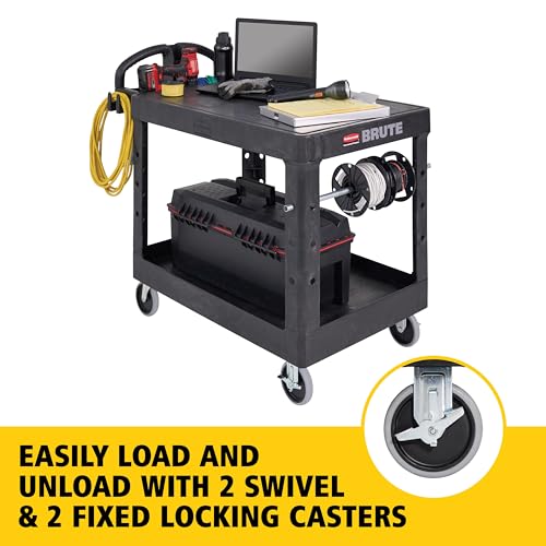 Rubbermaid Commercial Products 2-Shelf Utility/Service Cart, Medium, Flat Shelves, Ergonomic Handle, 500 lbs. Capacity, Ideal for Warehouse/Garage/Cleaning/Manufacturing - size: Medium 2-Shelf, style: Ergonomic Handle