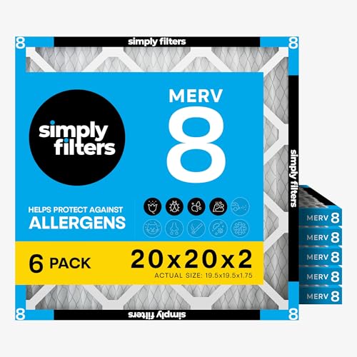Simply 20x20x2 Air Filter, MERV 8, 6 Pack, Furnace Air Filter for HVAC (Actual Size:19.5"x19.5"x1.75") DUST, Pet, & Allergy Control - size: 20x20x2