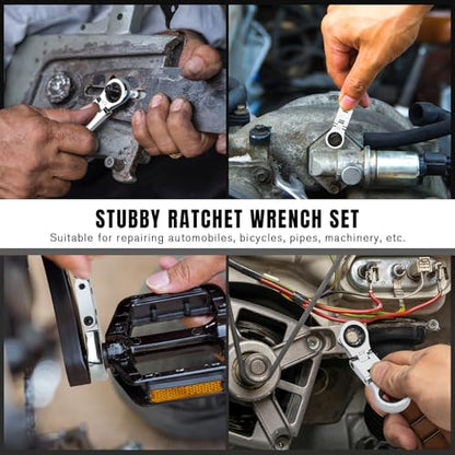 LOSCHEN 5-Piece Flex-Head Stubby Ratcheting Combination Wrench Set, Mini Double Box End, SAE 1/4 3/8 5/16 7/16 1/2 9/16 11/16 5/8 3/4 13/16, 72-Teeth, CR-V Steel - size: SAE