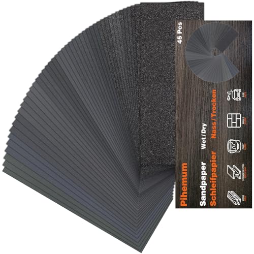 45 PCS Wet Dry Sandpaper 80-5000 Grit Sheets for Polishing & Finishing - color: 80-5000G, size: 9x3.6 Inch