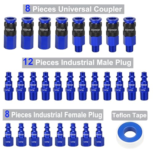 YOTOO Universal Air Coupler and Industrial Plug Kit, 29 Pcs Durable Aluminum Quick Connect Air Hose Fittings, Lightweight for Air Tools, Air Compressor Accessroies and air compressor attachments, Blue - color: Blue, size: 29 Pieces Kit