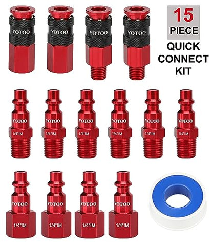 YOTOO 15 Pieces Universal Air Coupler and Plug Kit, Quick Connect Air Hose Fittings, Heavy Duty Aluminum Air Fittings, Lightweight, Push to Connect air tools and air compressor, Red - color: Red, size: 15 Pieces Kit