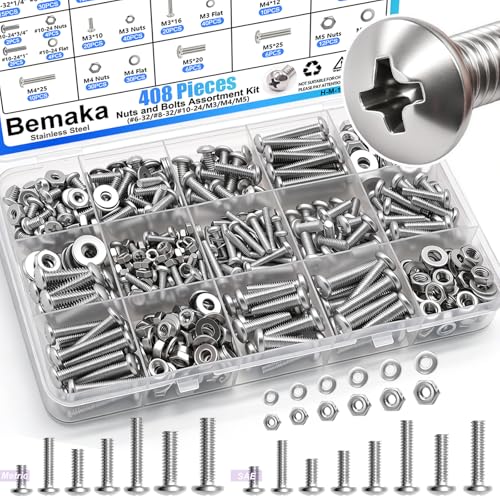 408PCS Machine Screws Nuts and Bolts Assortment Kit, 304 Stainless Steel Bolts #6-32#8-32#10-24 M3 M4 M5 Phillips Pan Head Hardware Screw Assortment Kit, Assorted Bolts, Nuts and Washers Kit - color: SV-SS #6 #8 #10 M3 M4 M5