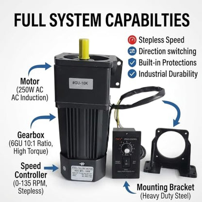 250W 110V AC Gear Motor Set with Adjustable Speed Controller + Bracket