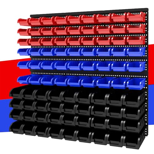 90Pcs Wall Mounted Storage Organizer Bins with Rack, Nuts, Bolts, and Hardware for Screws, Nails, Beads,Small Parts (Red, Blue, Black) - Shop,Garage Tool Storage Solution