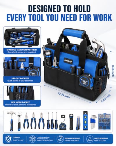 COMOWARE 13-Inch Tool Bag, Zip-top Wide Mouth Open top Tool Bag, Large Capacity Tool Organizer with Inside Pockets, Blue Tool Tote Bag for Carpenter, Mechanic and Home Repair - color: Blue