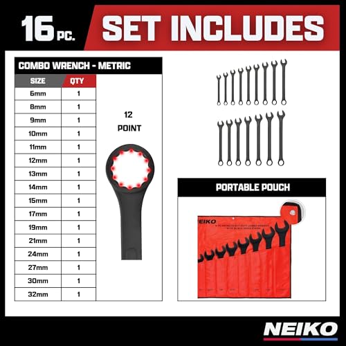Neiko 03575A Jumbo Combination Wrench Set | 16 Piece | MM | 6 mm to 32 mm | Raised Panel Construction - size: 16 Piece, style: Metric