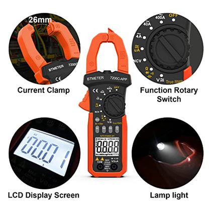 BTMETER Digital Clamp Meter Multimeter, Auto Range 4000 TRMS AC DC Voltmeter Ammeter Test Volt Amp Ohm Capacitance Frequency w/Data Export, Mini Multi Tester BT-7200CAPP - color: 400A AC/4000uA DC Current + Bluetooth