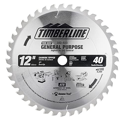 Timberline 300-400 Carbide Tipped Miter or Stationary 12 Inch D x 40T ATB, 0 Deg, 1 Inch Bore, Circular Saw Blade