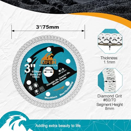 3" (75mm) x 3/8" (10mm) Arbor Super Thin Diamond Tile Blade, 3-Pack - size: X Mesh(for tile)