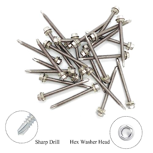 #12x2-1/2 Hex Washer Head Self Drilling Screws, 410 Stainless Steel, Self Tapping Sheet Metal Tek Screws, 25 PCS - size: 25 Pcs #12x2-1/2