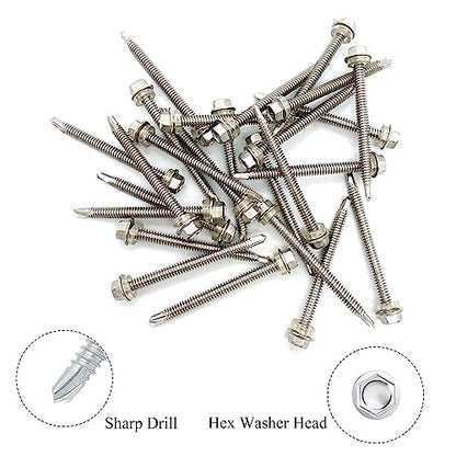 #12x2-1/2 Hex Washer Head Self Drilling Screws, 410 Stainless Steel, Self Tapping Sheet Metal Tek Screws, 25 PCS - size: 25 Pcs #12x2-1/2