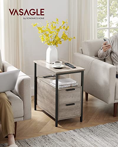 VASAGLE Side End Table with Charging Station, Slim Nightstand with Storage - color: Heather Greige + Ink Black, size: 23.6"D x 13.8"W