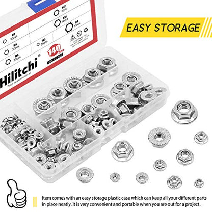 Hilitchi 140-Pcs M3 M4 M5 M6 M8 M10 M12 Hex Flange Nuts Assortment Kit - 304 Stainless Steel - size: 140Pcs Metric Hex Flange Nuts
