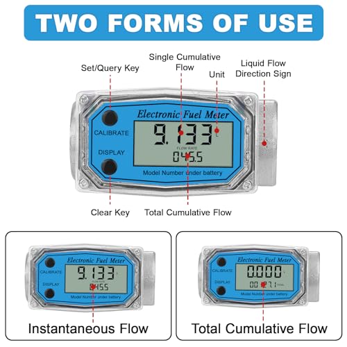 1" 2.6-26 GPM Inline NPT Thread Flowmeter, Digital Turbine Fuel Flow Meter, for Water, Diesel, Gas Oil, Gasoline, and Other Liquids - Supports Gallon, QTS, PTS, L, m³ with 3/4 in Adapters - size: 1 inch & 3/4 inch