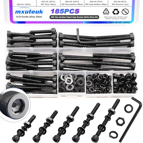 mxuteuk 185PCS M5 Screws Assortment Set, M5 Hex Socket Head Cap Screws Bolts Nuts Kit, 12.9 Grade Alloy Steel Bolts with Hex Wrench - size: 185PCS M5 × 30/35/40/45/50mm