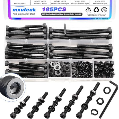 mxuteuk 185PCS M5 Screws Assortment Set, M5 Hex Socket Head Cap Screws Bolts Nuts Kit, 12.9 Grade Alloy Steel Bolts with Hex Wrench - size: 185PCS M5 × 30/35/40/45/50mm