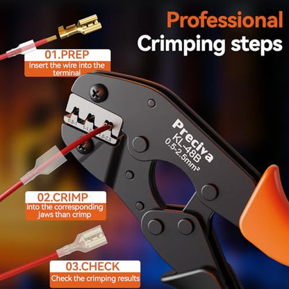 Preciva Terminal Crimper Tool Kit, Professional Ratcheting Wire Crimping Tool with AWG 24-10 Precision Carbide Jaws, Compact Ergonomic Design, 0.5-2.5mm² Electrical Terminals (300pcs) (CP25360)