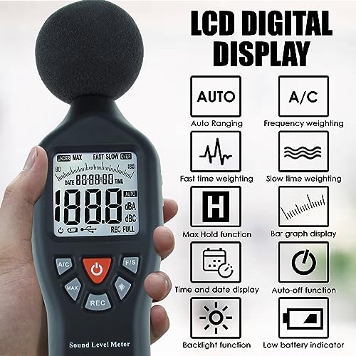 Decibel Meter Sound Level Meter Data Logger with CD Software Audio Decibel Noise Measure Tester 30 – 130 dB Audio Noise Measuring Range with Backlit LCD Display, Data Record Function