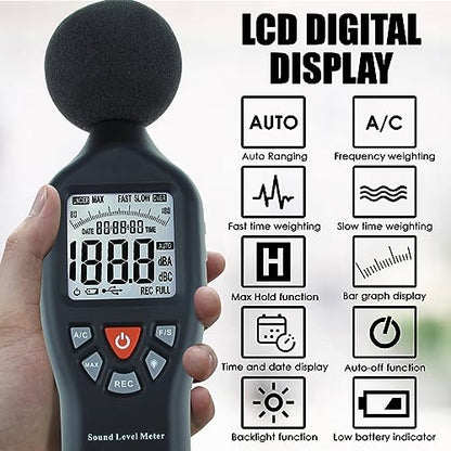 Decibel Meter Sound Level Meter Data Logger with CD Software Audio Decibel Noise Measure Tester 30 – 130 dB Audio Noise Measuring Range with Backlit LCD Display, Data Record Function