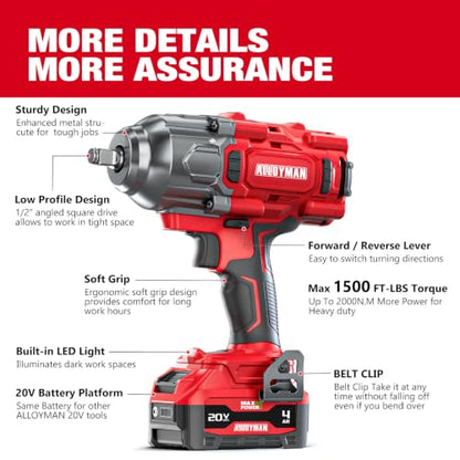 Alloyman Cordless Impact Wrench 1500 FT-LBS(2000N.M),1/2" High Torque - size: 1500Ft-lbs /2x Battery