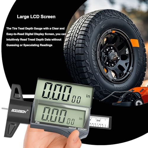 GODESON Digital Tire Tread Depth Gauge - IP54 Waterproof, 2.5" LCD Screen, 3 Modes (Fraction/Inch/MM), 1" Range, Auto-Off, Tire Wear Measure Gauge Tool 32nds for Car, Truck & SUV Tires - style: IP54 IN/MM/FRAC - Grey