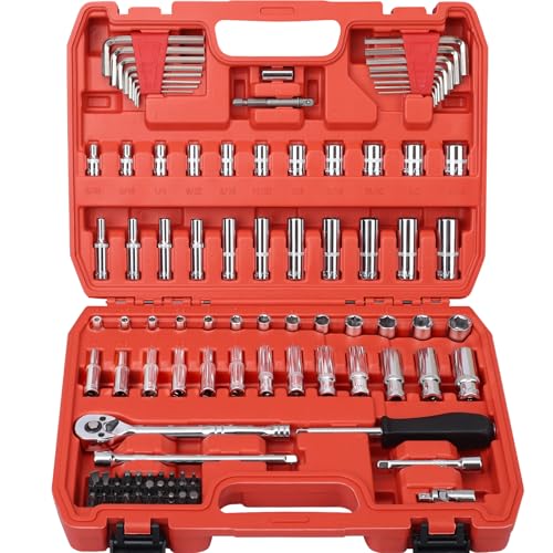 Egofine 1/4”Drive Socket Ratchet Wrench Set,101 PCS Metric(4-14mm),SAE(5/32-9/16”),with 72-Teeth Ratchet Wrench,Bit Socket Set,Extension Bar,Allen wrench for Auto Repair and Household - color: Red, size: 1/4" 101 PCS with 72 Teeth Ratchet