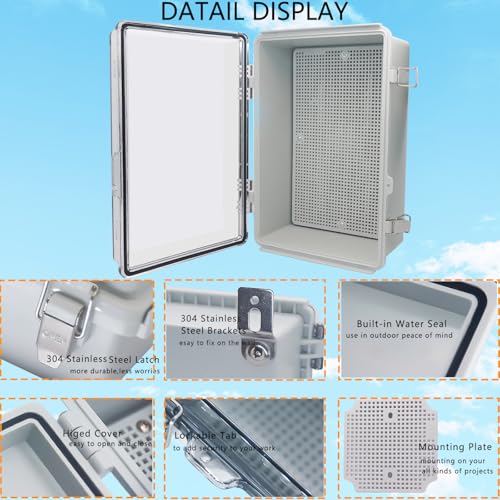 Waterproof Junction Box, ABS Plastic Electrical Box with Stainless Steel Latch, Hinged Cover Electric Project Enclosure Box with Mounting Plate, Wall Brackets & Cable Gland 11.8"x7.8"x7.1" - color: Clear, size: 11.8"x7.8"x7.1"