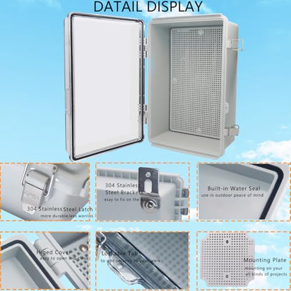 Waterproof Junction Box, ABS Plastic Electrical Box with Stainless Steel Latch, Hinged Cover Electric Project Enclosure Box with Mounting Plate, Wall Brackets & Cable Gland 11.8"x7.8"x7.1" - color: Clear, size: 11.8"x7.8"x7.1"