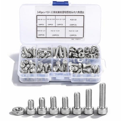 140PCS #10-32 Screws Assortment Kit, 5/16 1/4 5/8 3/8 3/4 1/2 Hex Socket Head Bolts, Nuts & Washers Assorted Set, Hex Socket Head Cap Screws Bolts Nuts Washer Kit, 304 Stainless Steel