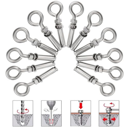 Concrete Eye Bolts 12Pcs, M6 Eyebolt Bolts Stainless Steel Concrete Anchor Eyebolt Screw Hooks, Heavy Duty Brick Anchors Eyebolts Expansion Screw Lifting Ring Bolt Fastener 1/4inch for Concrate Wall - size: M6 1/4